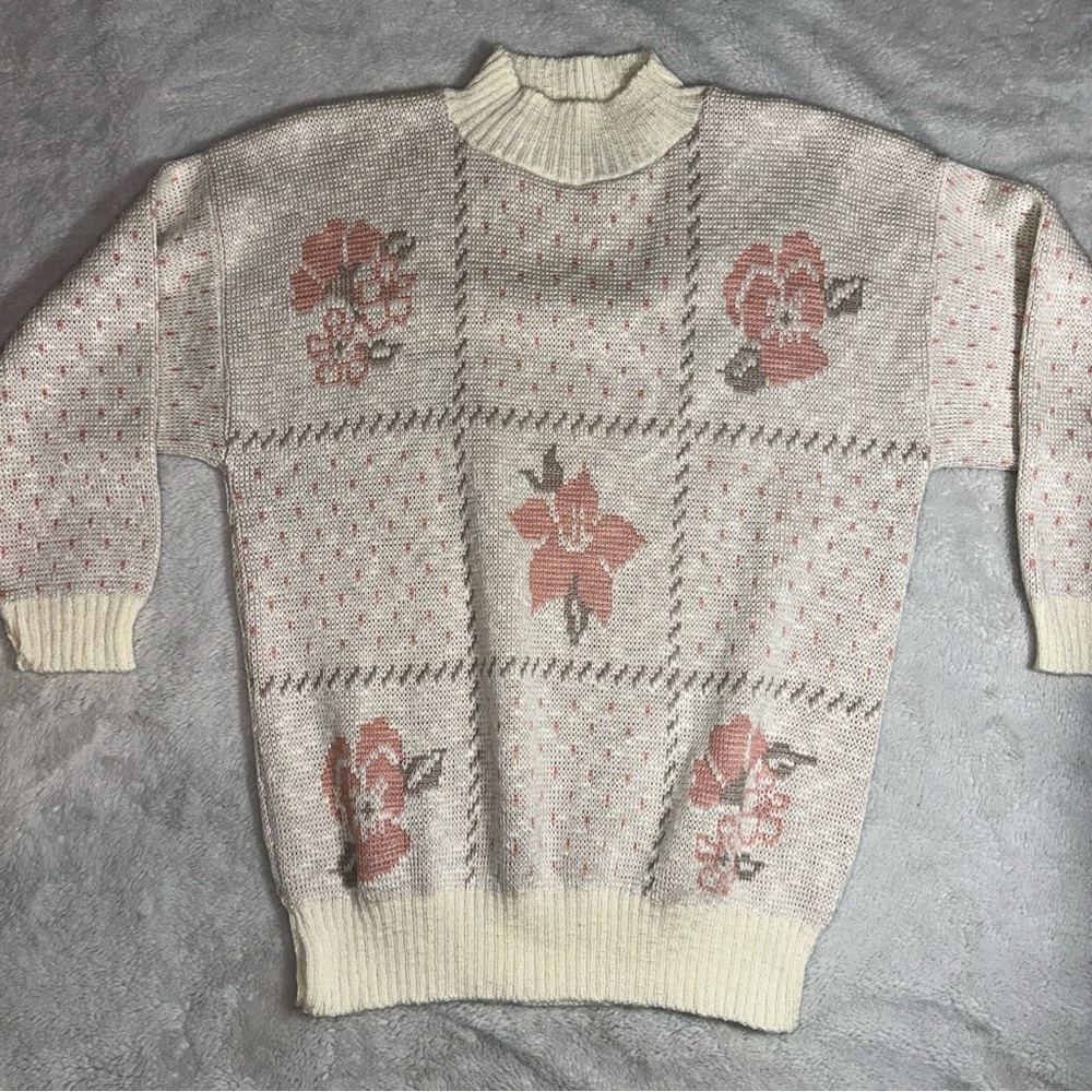 Keneth Too! Women’s Beige/Pink Long Sleeve Mock Neck Sweater